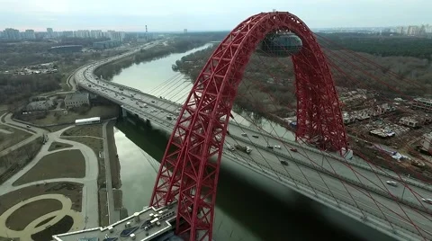 Aerial view of modern cable-stayed Zhivopisny bridge over Moskva River Stock Footage 62270485