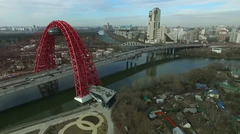 Aerial view of modern cable-stayed Zhivopisny bridge over Moskva River Stock Footage 62270489