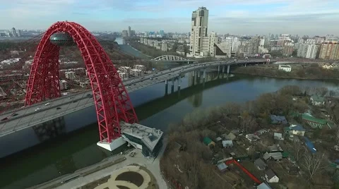 Aerial view of modern cable-stayed Zhivopisny bridge over Moskva River Stock Footage 62270493