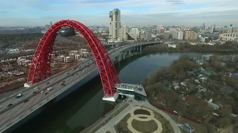 Aerial view of modern cable-stayed Zhivopisny bridge over Moskva River Stock Footage 62270498