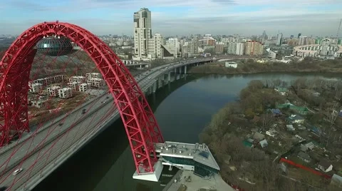 Aerial view of modern cable-stayed Zhivopisny bridge over Moskva River Stock Footage 62270505
