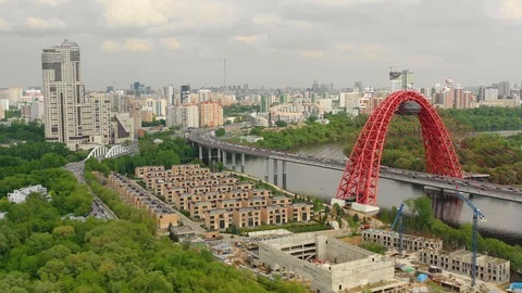 Aerial view of the modern cable-stayed bridge Stock Footage 107886662