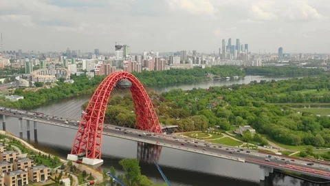 Aerial view of the modern cable-stayed bridge Stock Footage 107886686