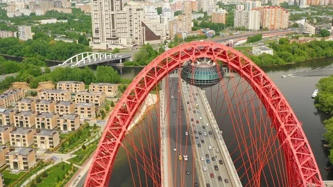 Aerial view of the modern cable-stayed bridge Stock Footage 107886687