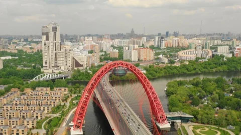 Aerial view of the modern cable-stayed bridge Stock Footage 107886717