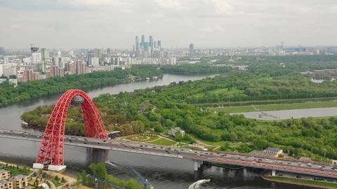 Aerial view of the modern cable-stayed bridge Stock Footage 107886724