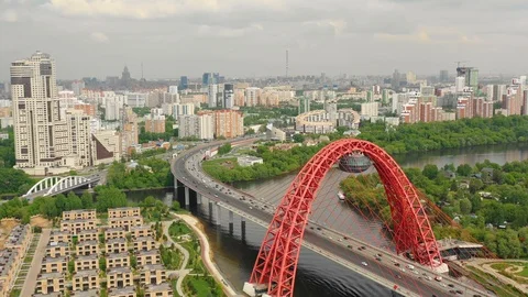Aerial view of the modern cable-stayed bridge Stock Footage 107886725