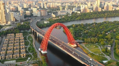 Aerial view of the modern cable-stayed bridge in Moscow Video stock 109306483