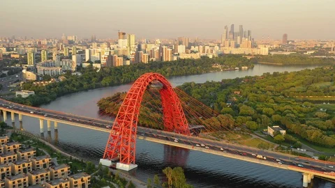Aerial view of the modern cable-stayed bridge in Moscow Stock-Footage 109306528