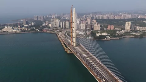 Aerial view of a modern cable stayed bridge construction Stockbeeldmateriaal 333675080