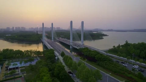Aerial View of Modern Cable-Stayed Bridge Over River at Golden Hour 動画素材 337420724
