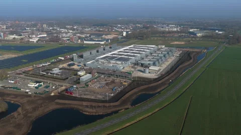 Aerial view of a modern cloud data center in winschoten, netherlands Stock Footage 334549063