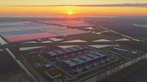Aerial view of a modern data center at sunrise Stock Footage 331201085