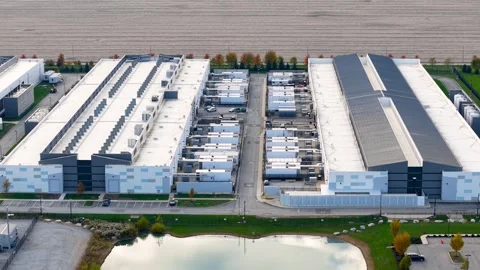 Aerial view of a modern data center technology park Видео 340953033