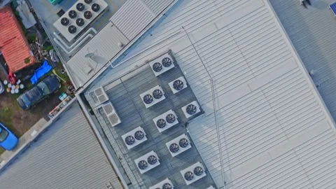 Aerial View of Modern Data Center Rooftop Cooling Systems and Infrastructure Stock Footage 341490984