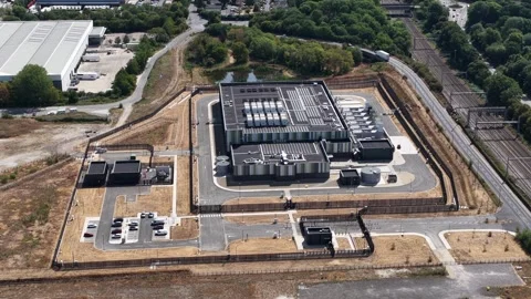 Aerial View of Modern Data Center Infrastructure and Cloud Facility Stock Footage 344733931