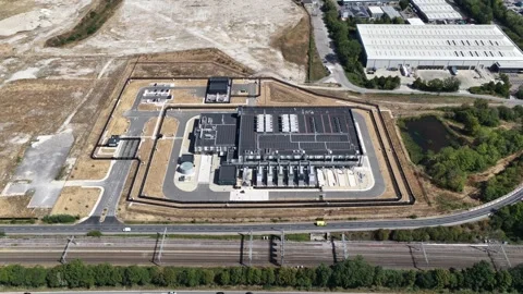 Aerial View of Modern Data Center Infrastructure and Cloud Facility Stock Footage 344744221
