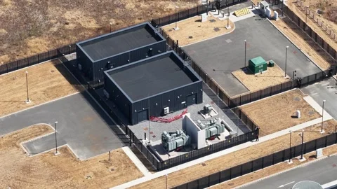 Aerial View of Modern Data Center Infrastructure and Cloud Facility Stock Footage 344744372