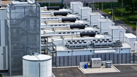 Aerial View of Modern Data Center with Cooling Systems and Tanks Stock Photos
