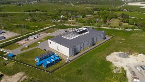 Aerial view modern data center with electrical substation 스톡 사진