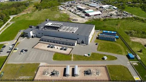 Aerial view modern data center and electrical substation Foto stock