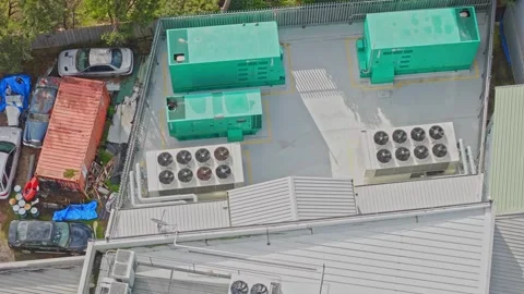 Aerial View of Modern Data Centre Rooftop Generators and HVAC Units Stock Footage 341501758