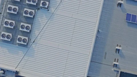 Aerial View of Modern Data Centre Rooftop With HVAC Units and Solar Panels Stock Footage 341502101