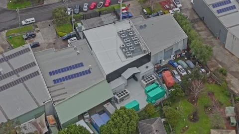Aerial View of Modern Data Centre Facility With Rooftop Cooling Units and Solar Stock Footage 342037335