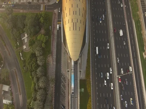 Aerial view of the modern driverless Dubai elevated Rail Metro System. Stock Footage 71424821
