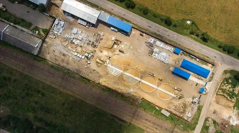 Aerial view of modern grain elevator. Wheat storage building, building in pro Stock Photos