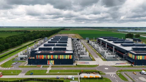 Aerial view of a modern hyperscale data center in the Netherlands Stock Footage 337512513
