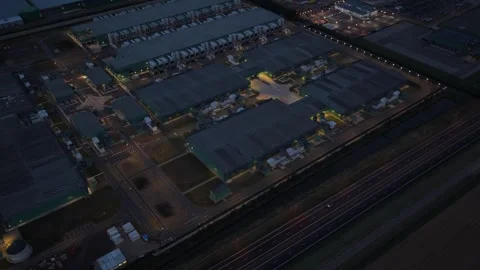 Aerial view of a modern hyperscale data center at night Stock Footage 340349907
