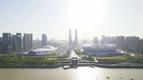 Aerial view of modern landmark building in hangzhou new city Stock Footage 165877271