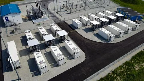 Aerial view modern large scale battery energy storage system Stock Photos