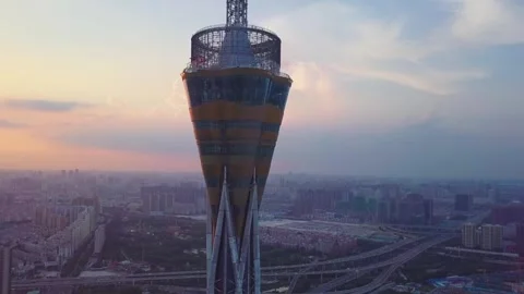 Aerial View of Modern Observation Tower at Sunset Over City Stockbeeldmateriaal 335497585
