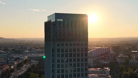 Aerial view of modern office building at sunset. Architectural design Видео 340900133