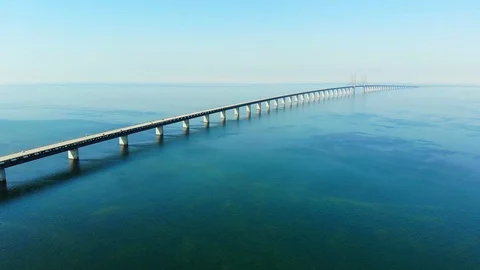 Aerial view of modern Oresund Sea Bridge between Denmark and Sweden - Europe Stock Footage