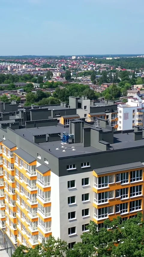 Aerial view of modern residential complex with colorful apartment buildings.. Stock Footage 337548206