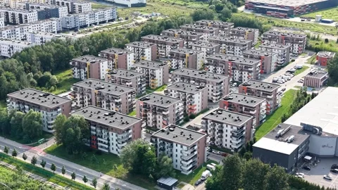 Aerial view of modern residential complex with identical houses Видео 340644479