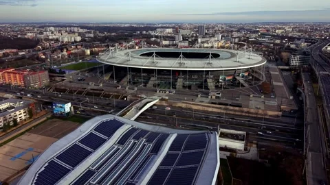 Aerial View of Modern Stadium with Solar Panels, Paris, France Stock Footage 327555462