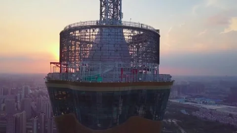 Aerial View of Modern Tower Top with Observation Deck at Dusk Stockbeeldmateriaal 335497697
