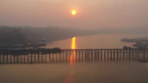 Aerial view of Mon Bridge the longest wooden bridge in Thailand Stock Footage 133849545