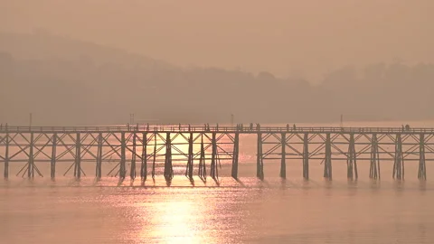 Aerial view of Mon Bridge the longest wooden bridge in Thailand Stock Footage 133851578