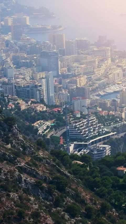 Aerial view of Monaco Monte Carlo bay with luxury yachts. Vertical video Stock Footage 346634826