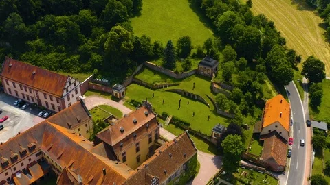 Aerial view of the monastery Bronnbach in Germany. Stock Footage 125577424