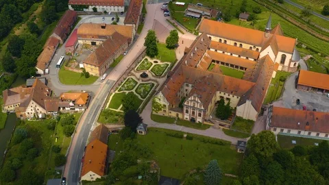 Aerial view of the monastery Bronnbach in Germany. Stock Footage 125583070