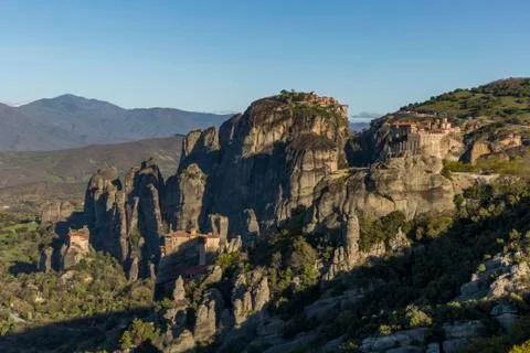 Aerial view of Monastery complex in Meteora Stock Photos