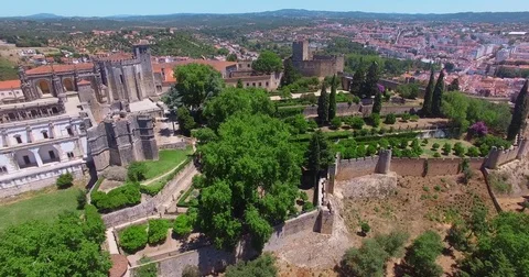 Aerial view of monastery Convent of Christ in Tomar, Portugal Stock Footage 77259012