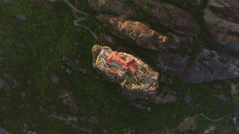Aerial view of the Monastery of the Holy Trinity at Sunrise, Meteora, Greece Stock-Footage 343940647