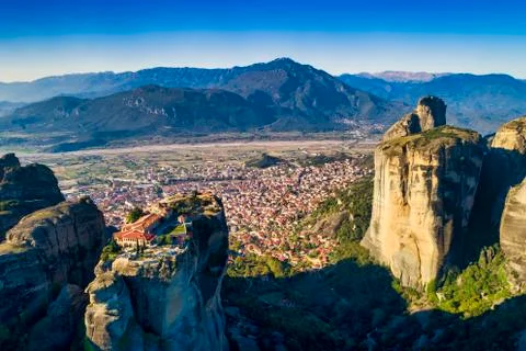 Aerial view from the Monastery of the Holy Trinity in Meteora, Greece Stock Photos